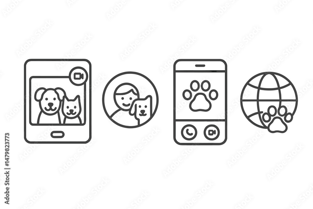 Poster Set of user-friendly web icons representing pets, technology, and global connectivity
