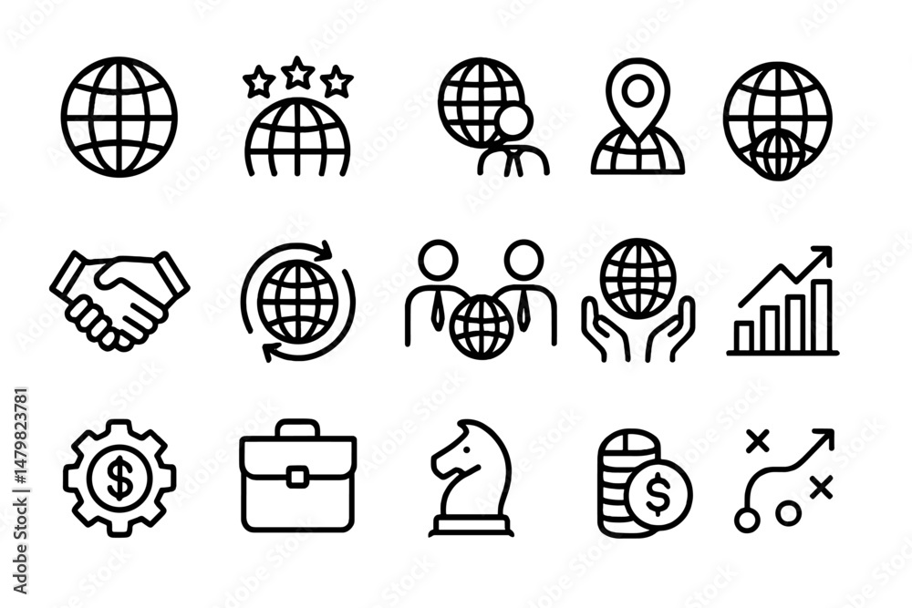 Poster collection of web icons illustrating global connectivity, teamwork, strategy, and business concepts 