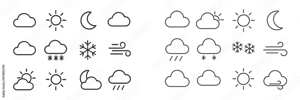 Poster Set of web icons displaying various weather symbols including sun, clouds, rain, and snow for digital use