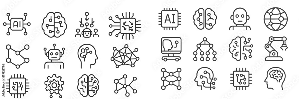 Aufkleber Set of web icons featuring artificial intelligence, robots, and network connections in simple line design