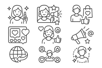 Fototapeta premium Set of web icons showcasing various social media interactions and communication elements for digital marketing strategies
