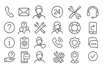 Set of web icons representing communication, customer support, and information services in a minimalist design