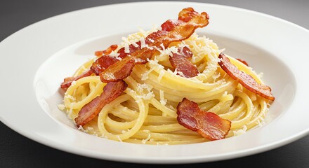 Pasta with bacon and cheese on white plate