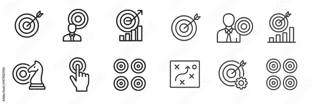 Poster Set of web icons depicting target, progress, strategies, and professional themes in a clean and minimalistic design suitable for digital applications