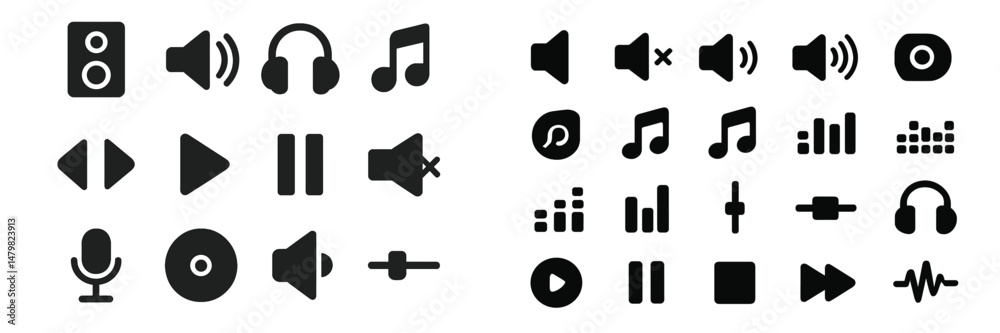 Poster variety of web icons showcasing audio and media controls in a simple black and white design for digi