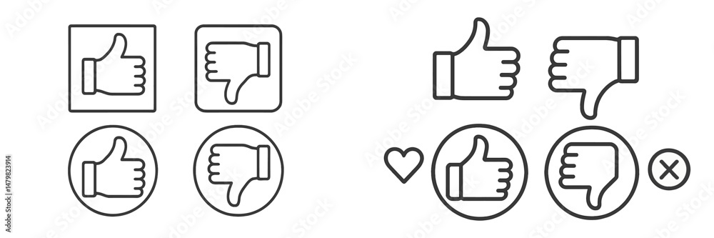 Poster web icons set showcasing various thumbs up and thumbs down designs for user feedback features across