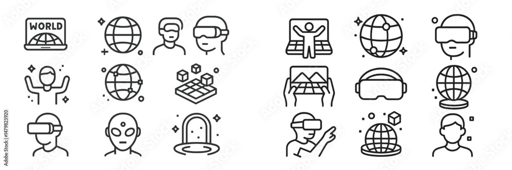 Fototapete Set of web icons featuring virtual reality and global connectivity concepts in minimalistic design