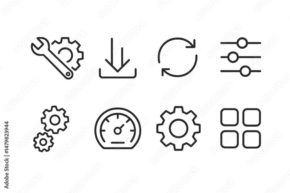 Aufkleber collection of web icons featuring tools, settings, and data management symbols for digital applicati