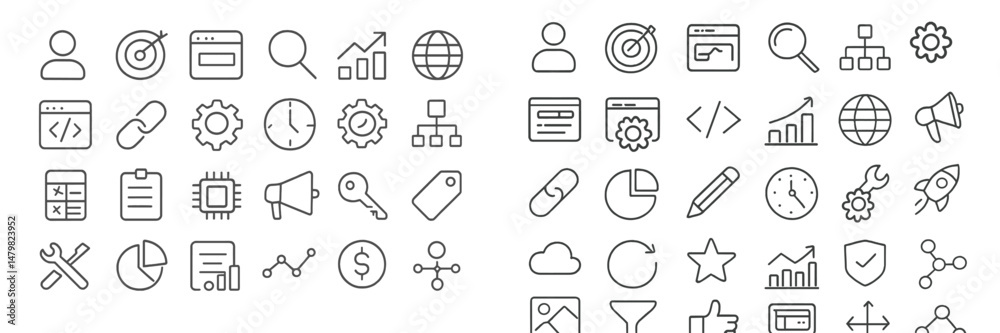 Aufkleber collection of minimalistic web icons for technology, analytics, and communication purposes in a clea