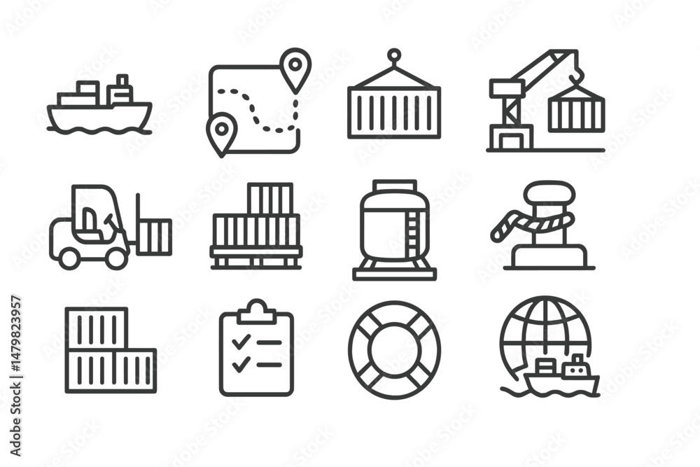 Poster Collection of web icons depicting logistics and transportation elements for efficient maritime operations