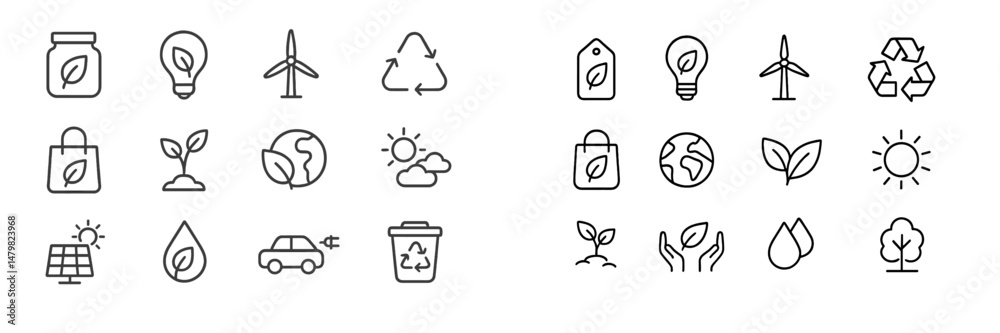 Poster collection of web icons featuring eco-friendly themes and sustainable practices for modern digital u