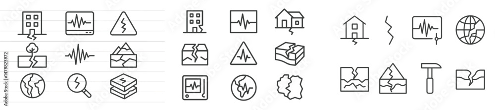 Poster set of web icons depicting various earthquake-related themes such as buildings, damage, and seismic 