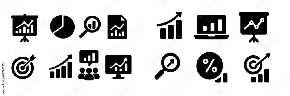 Fototapete Collection of black web icons representing business analytics and data visualization tools for digital use