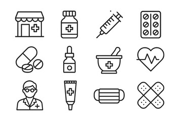 Set of web icons illustrating healthcare and medical themes such as pharmacy, medications, and professional healthcare tools