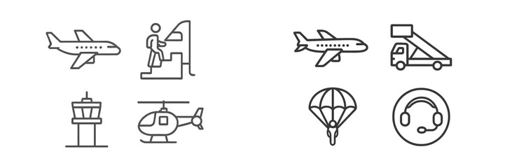 Collection of web icons depicting various modes of air travel and aviation activities