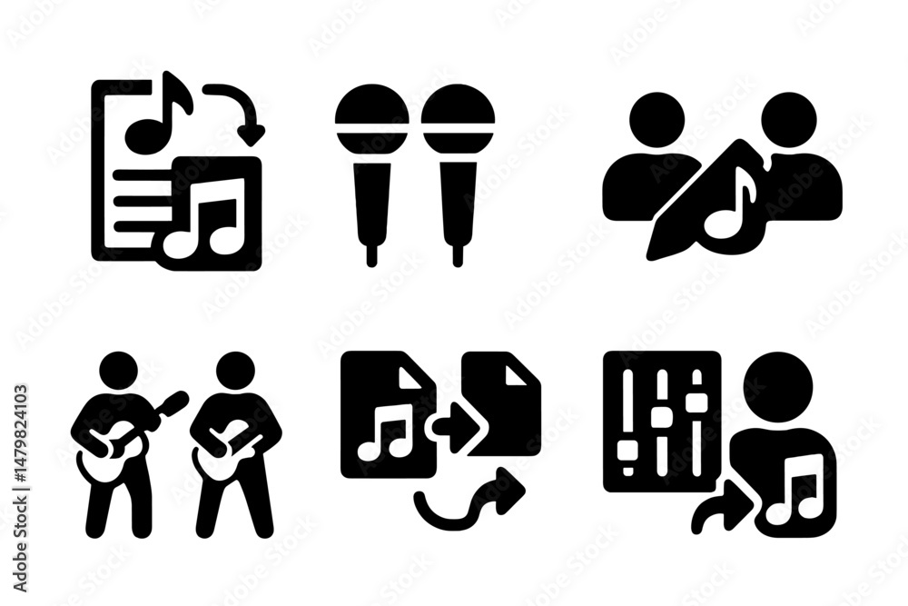 Poster Collection of web icons representing music collaboration, sharing, and performance activities in modern digital design