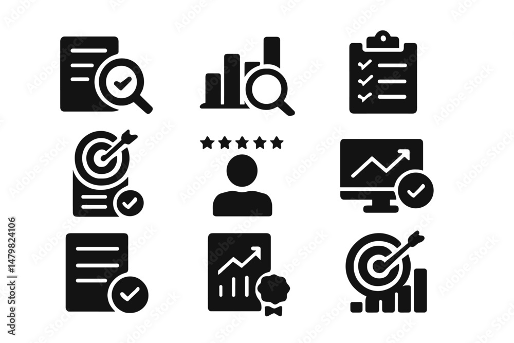 Aufkleber Set of black web icons illustrating analytics, checklists, and performance metrics for digital applications