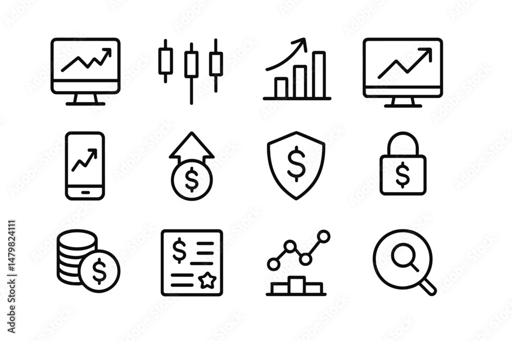 Aufkleber set of web icons representing financial growth, security, and analysis in a minimalist style for dig