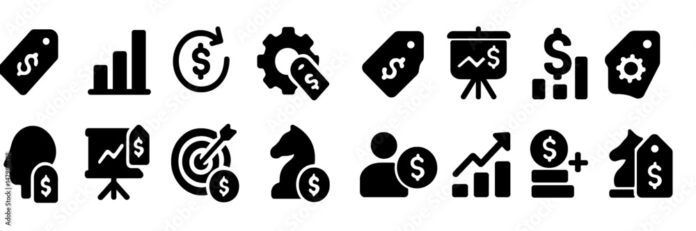 Poster collection of web icons illustrating business concepts and financial activities for digital platform