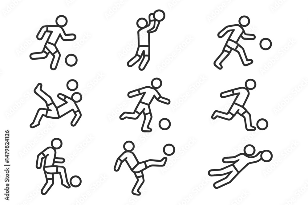 Fototapete Collection of minimalistic web icons depicting various soccer actions and movements for digital design projects