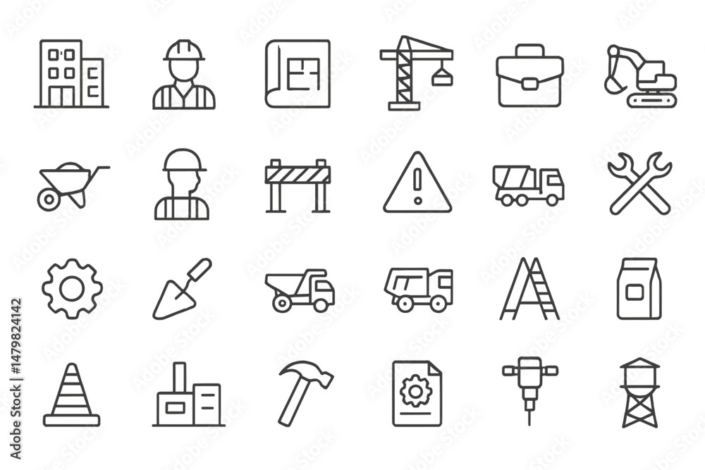 Aufkleber set of construction web icons depicting various tools, equipment, and worker representations for pro