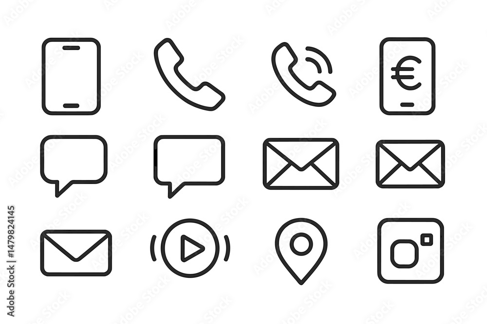 Fototapete Collection of web icons for communication and mobile devices featuring messaging, calling, and location symbols