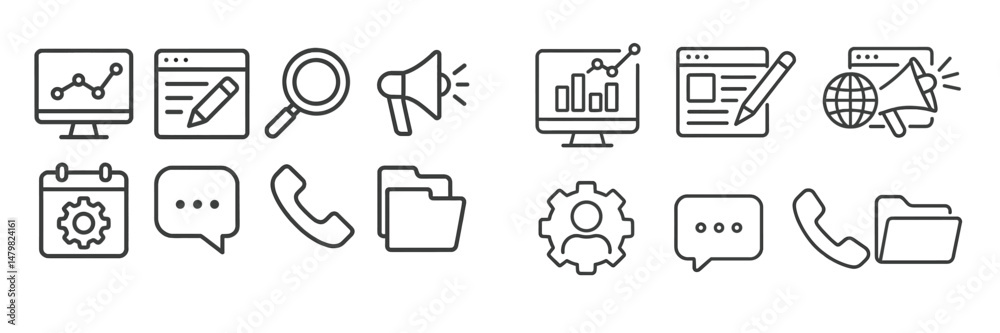 Poster Collection of simple web icons representing various online activities and tools for digital communication and analysis