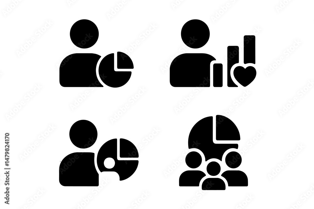 Fototapete set of web icons depicting data analysis, user engagement, and audience interaction in a minimalist 