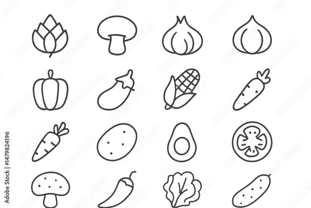 Poster Collection of simple line icons representing various vegetables and mushrooms for web use