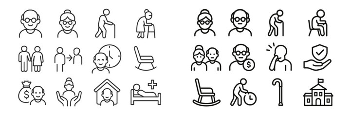 Collection of web icons depicting senior care activities and support services for elderly individuals illustrated in a clear style