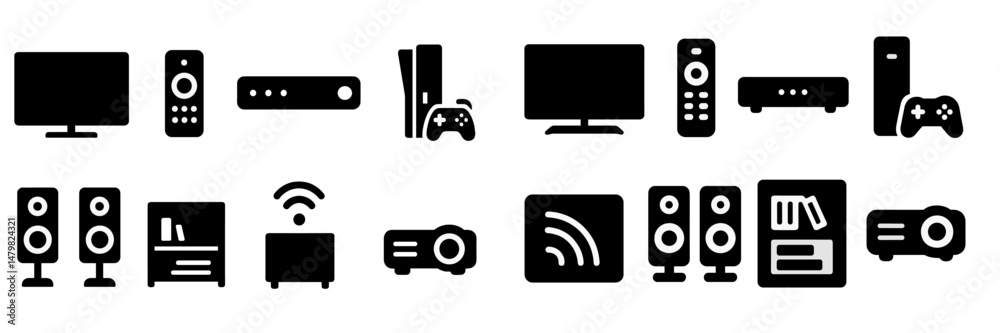 Poster collection of web icons representing entertainment devices and technology for digital media applicat