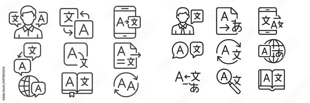 Poster collection of web icons representing multilingual translation and communication tools for various pl