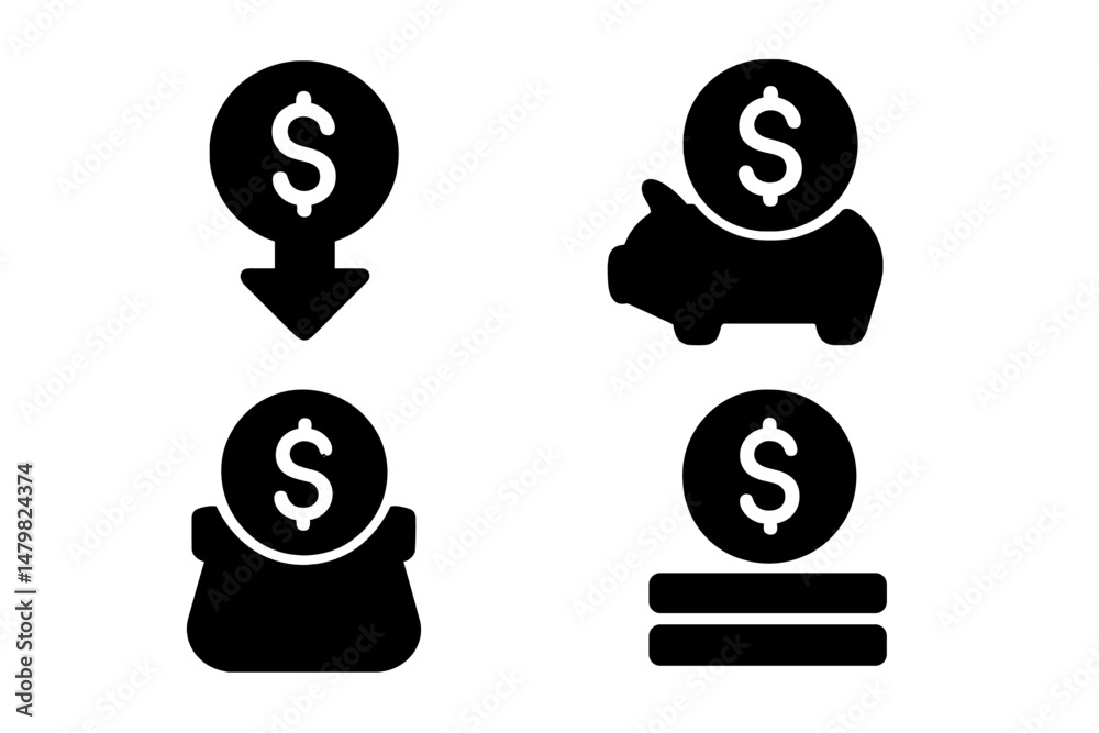 Poster collection of web icons representing money management concepts and financial activities for digital 