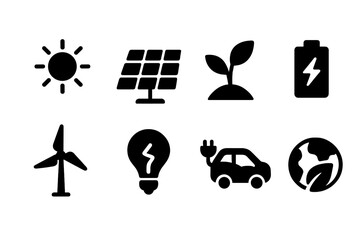 Collection of sustainable energy web icons illustrating solar, wind, battery, and eco-friendly concepts for digital platforms