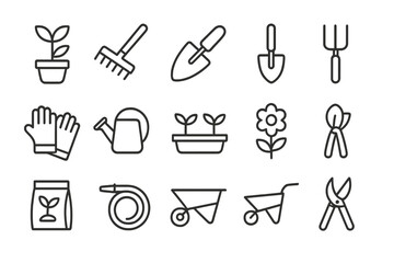 Collection of gardening web icons featuring essential tools and plants for outdoor enthusiasts and landscape design