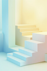 minimalist and geometric design featuring pastel-colored podium-like stairs. The composition emphasizes clean lines and smooth surfaces, creating a visually pleasing and modern aesthetic.