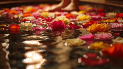 Fototapeta premium Rose petals float in a soothing foot spa, soft reflections on water surface. A moment of calm and relaxation. 