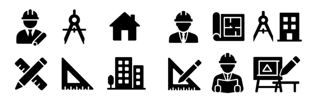 Collection of web icons representing architectural and construction professions and tools for design and planning