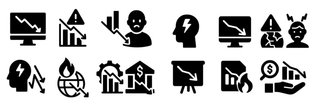 Collection of black and white web icons depicting various negative trends and causes of stress in modern situations