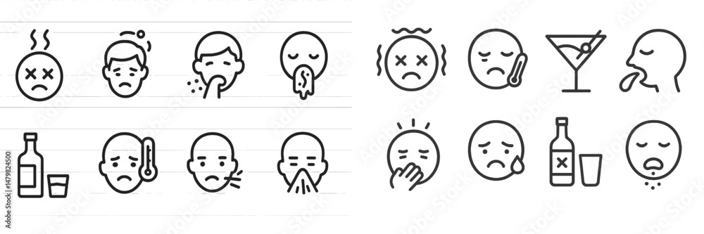 Poster set of web icons depicting various human expressions and emotions related to health and well-being