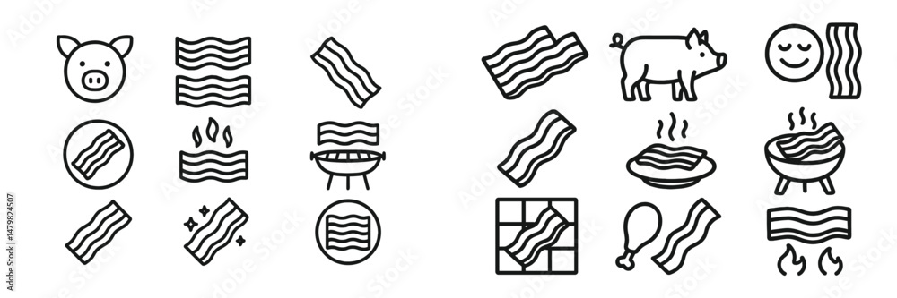Poster collection of unique web icons representing bacon, pigs, and cooking elements