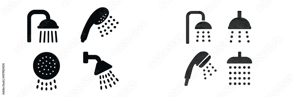 Poster collection of black silhouette web icons representing various types of shower heads and water flow d