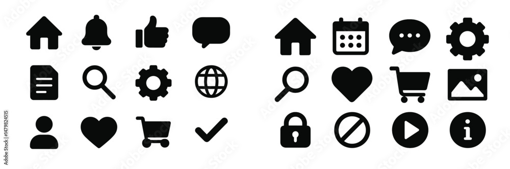 Poster set of web icons designed for user navigation and interaction in digital platforms and applications
