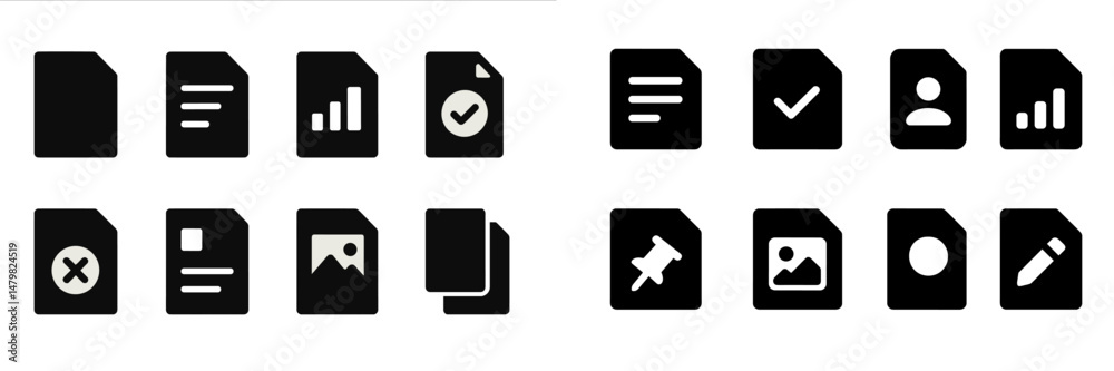 Poster collection of black web icons representing various document-related functions and activities