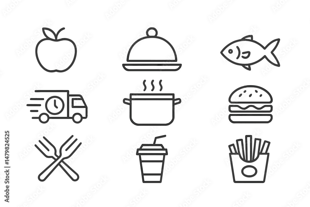 Poster Collection of web icons representing various food items and delivery symbols for digital use