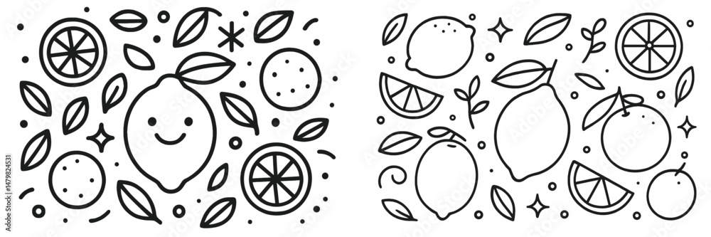 Fototapete Set of web icons featuring cute lemon and citrus illustrations with leaves and playful designs for digital use