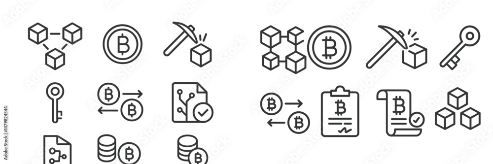 Poster collection of web icons representing cryptocurrency concepts including blockchain, mining, and trans