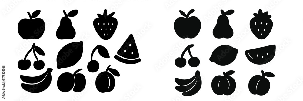 Poster set of simple black fruit web icons displaying various fruits in distinct arrangements for design an