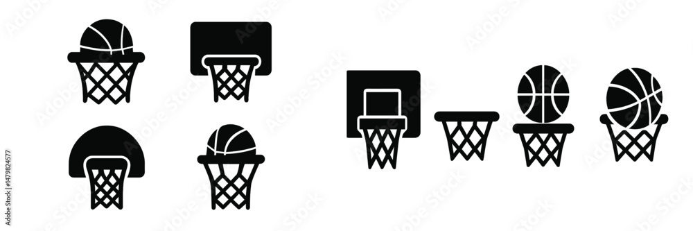 Poster ?? of web icons featuring basketball hoops and balls designed for sports applications and digital pr