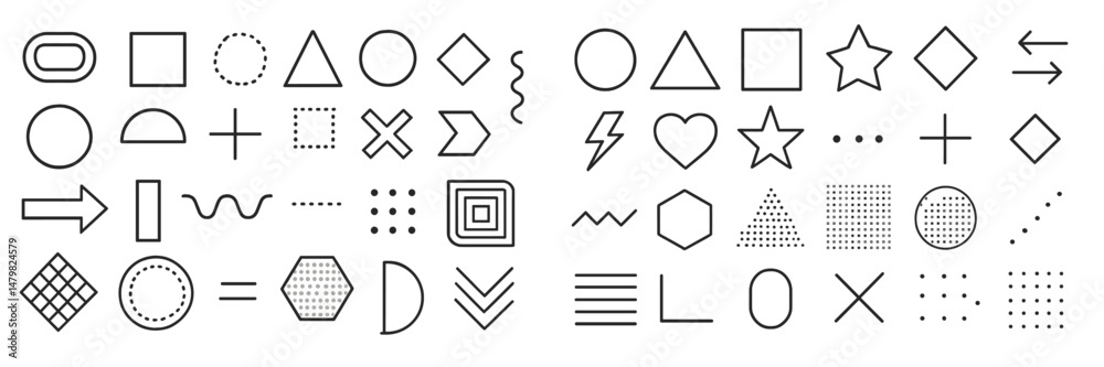 Poster collection of geometric web icons featuring various shapes and symbols in a minimalist design for us